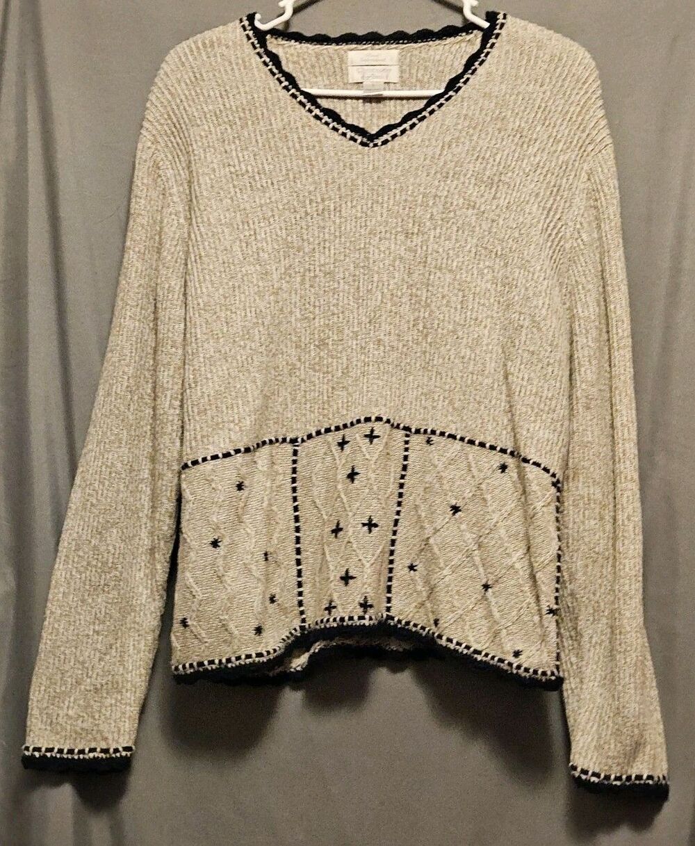 Christopher & Banks Womens Sweater Large Hand Embroidered Knit Beige Black...